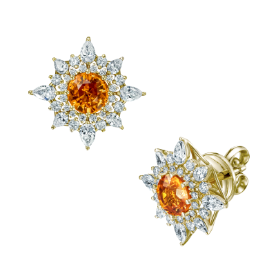 Серьги-пусеты с гранатами мандарин и бриллиантами.