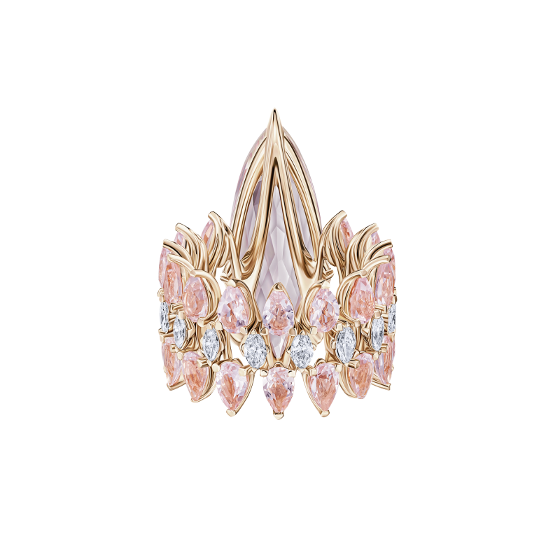 Кольцо с кунцитом, морганитами и бриллиантами